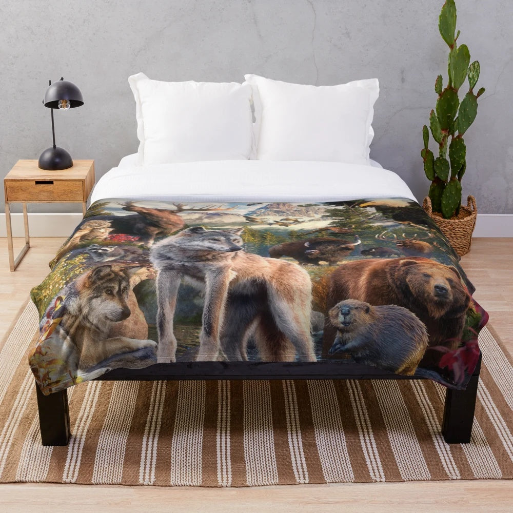 Plush blanket featuring various American wildlife animals like wolves, bears, eagles, and more