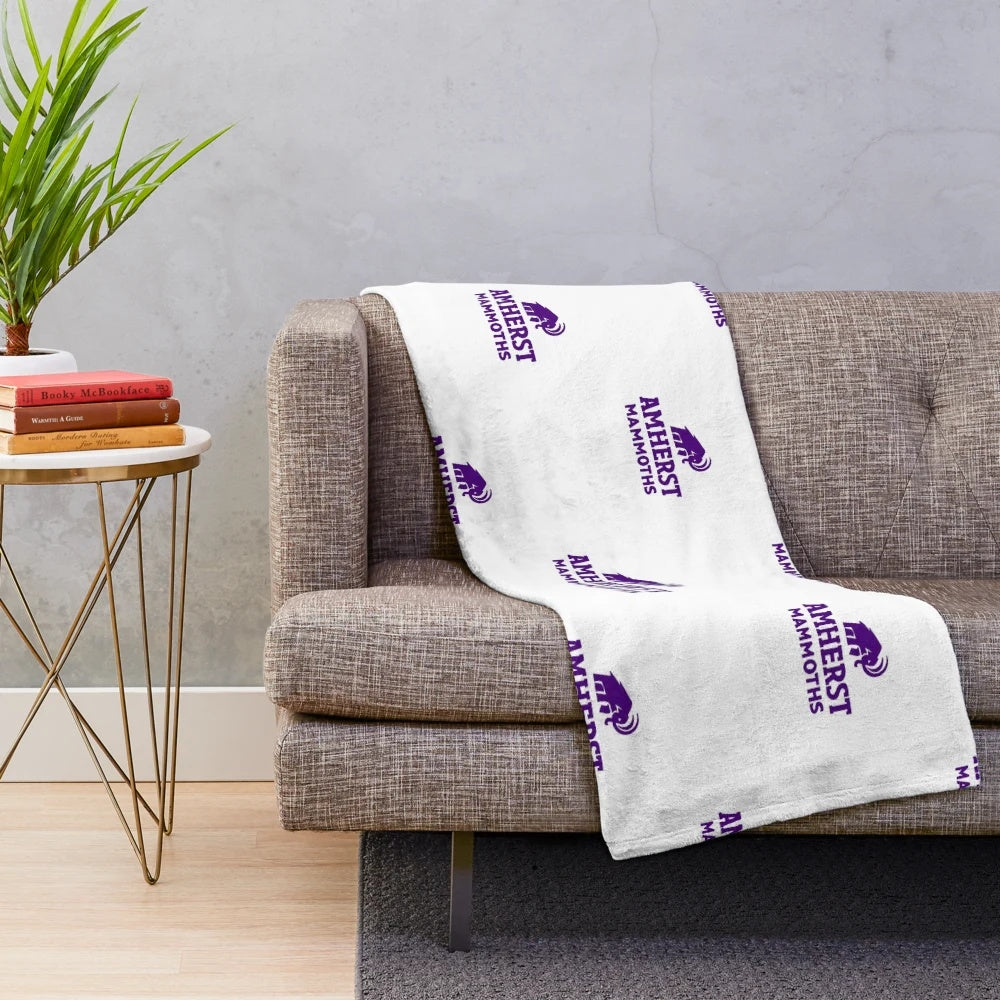 Amherst College plush blanket with the Mammoths logo