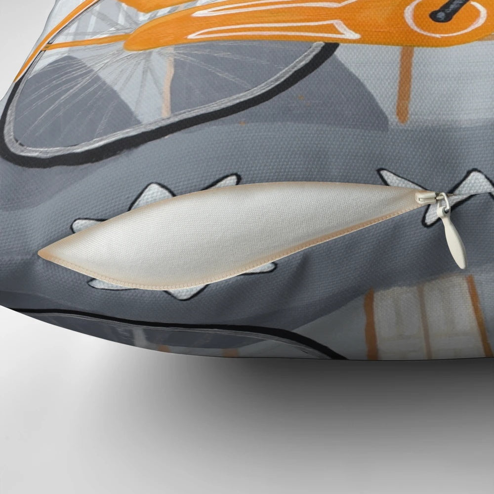 A cozy and whimsical throw pillow featuring a black cat riding an orange bicycle through the streets of Amsterdam.