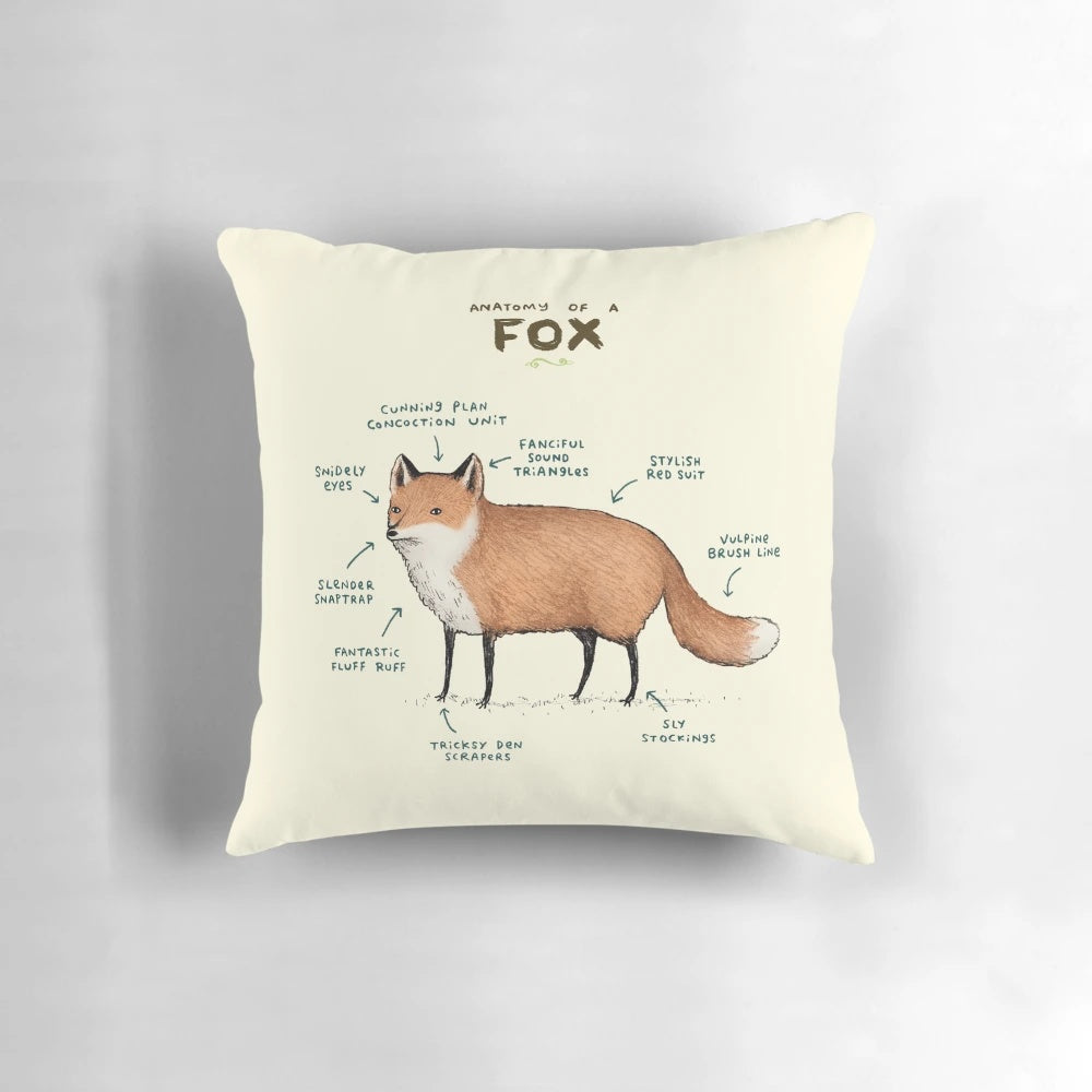 Soft, plush pillow featuring the detailed anatomy of a red fox, perfect for adding a touch of nature to your home.