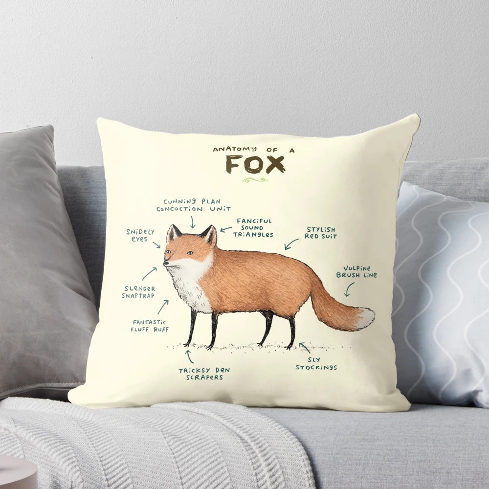 Soft, plush pillow featuring the detailed anatomy of a red fox, perfect for adding a touch of nature to your home.