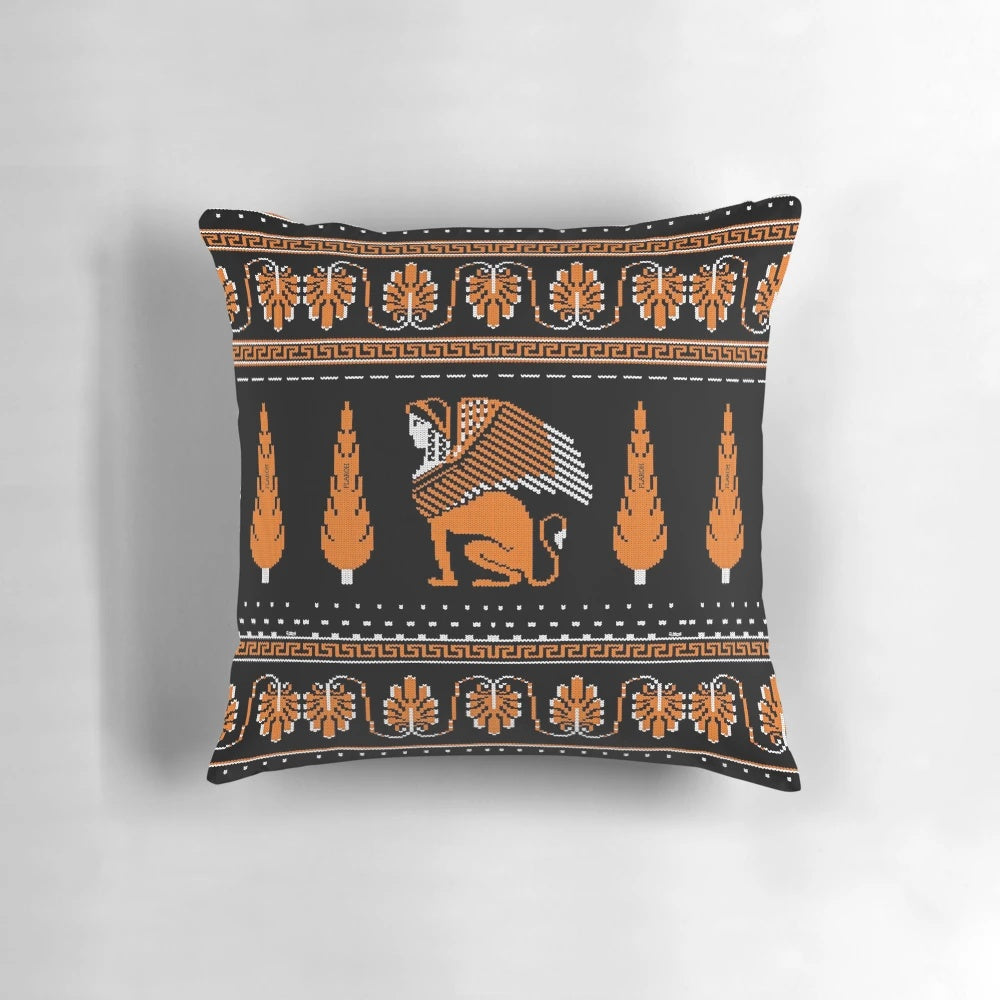 Decorative ancient Greek-inspired knit pillow with intricate patterns
