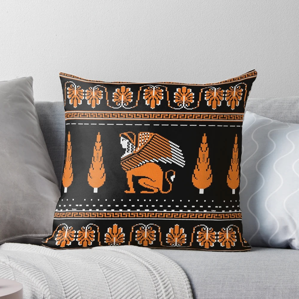 Decorative ancient Greek-inspired knit pillow with intricate patterns