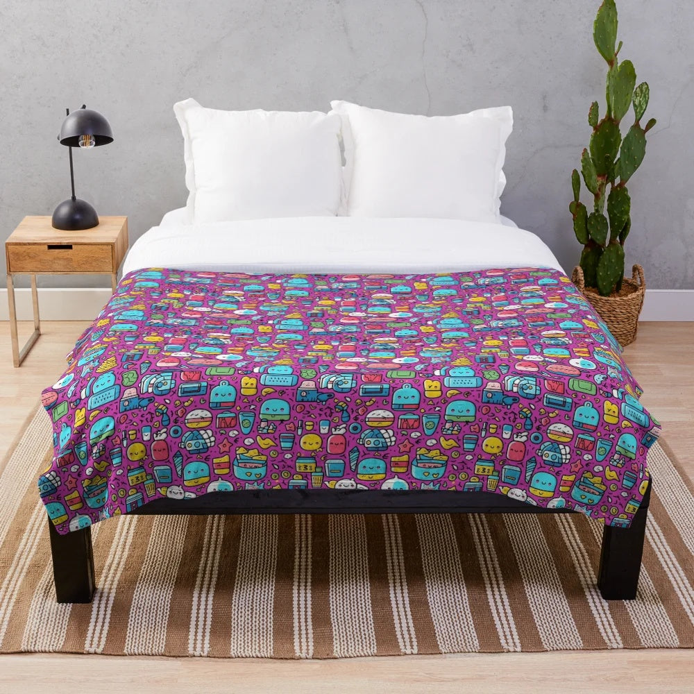 Hobbies plush blanket with colorful cartoon designs
