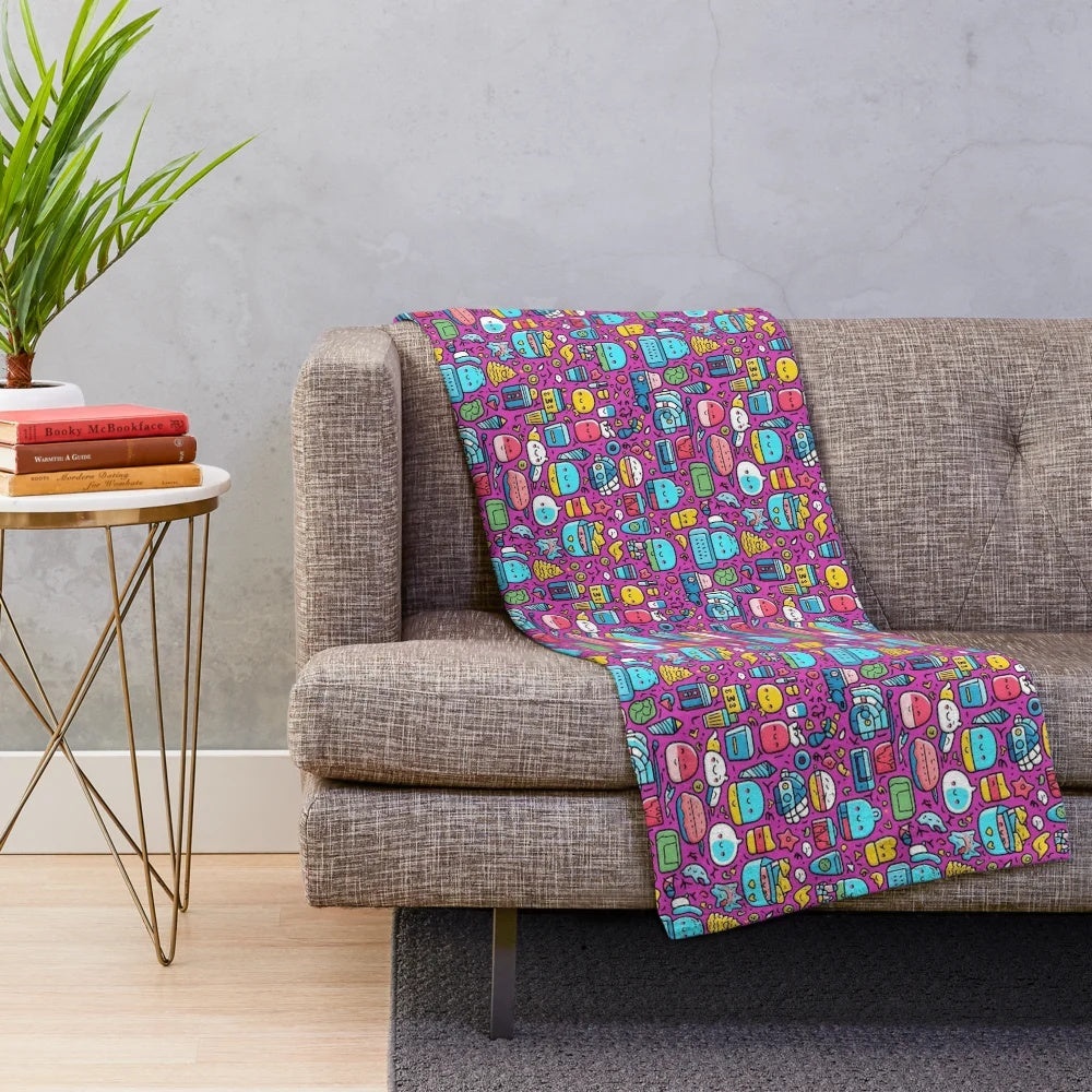 Hobbies plush blanket with colorful cartoon designs