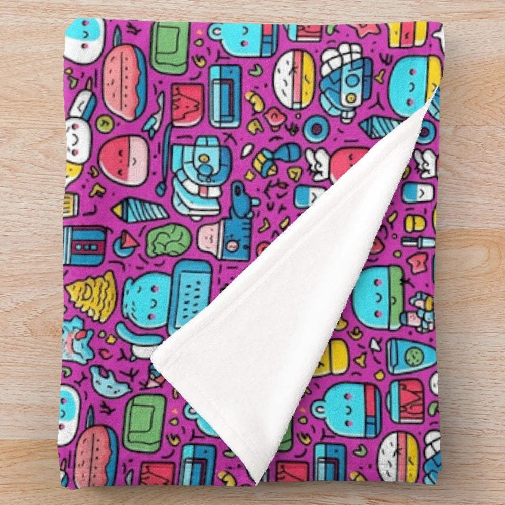 Hobbies plush blanket with colorful cartoon designs
