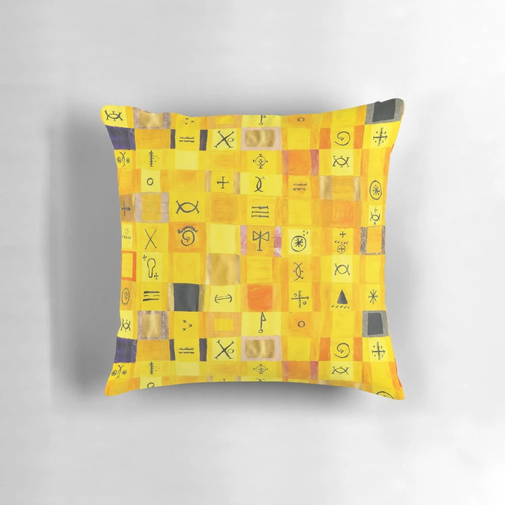 Soft, yellow love-themed pillow with heart-shaped symbols and glyphs