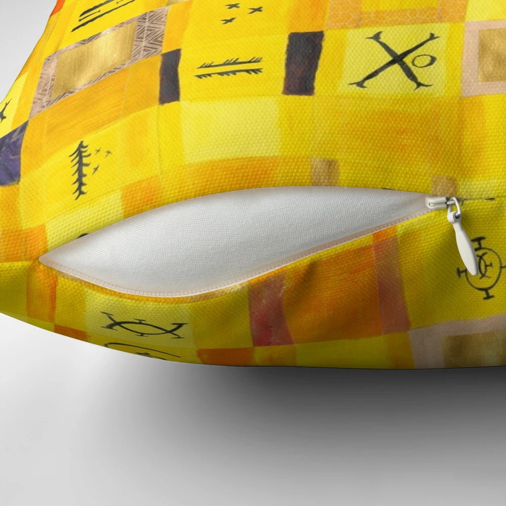 Soft, yellow love-themed pillow with heart-shaped symbols and glyphs