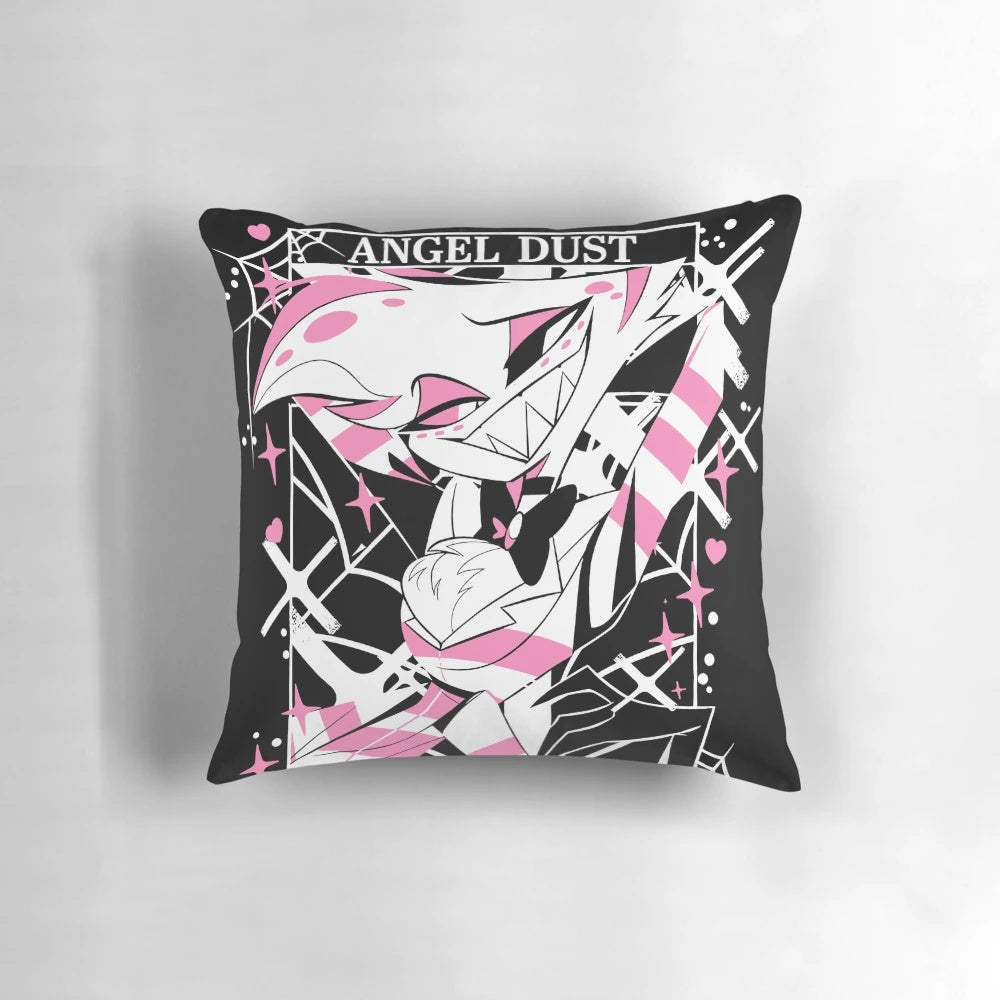 Soft, plush pillow featuring the character Angel Dust from the Hazbin Hotel animated series
