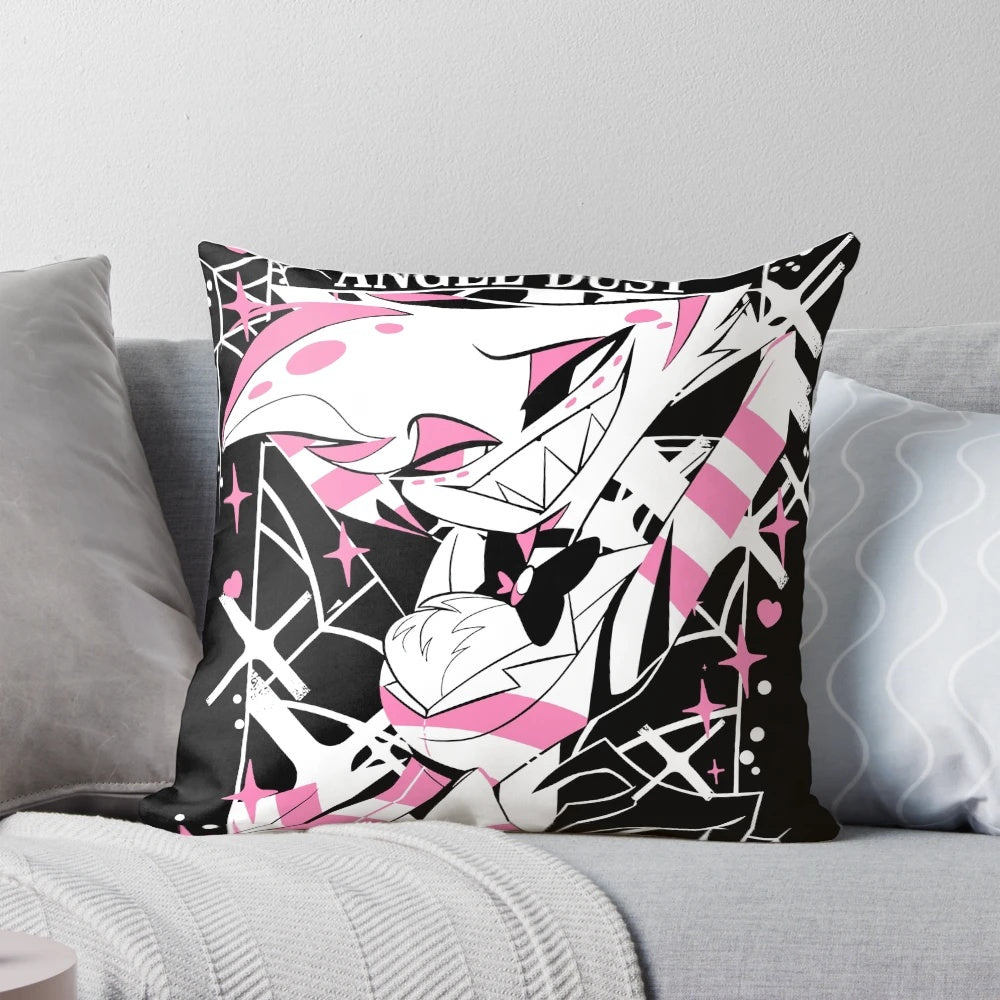 Soft, plush pillow featuring the character Angel Dust from the Hazbin Hotel animated series