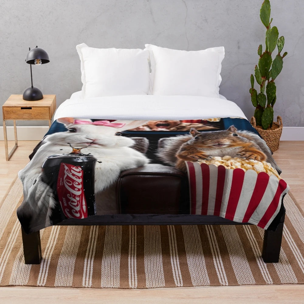 Plush blanket with cute animals watching horror movies and eating popcorn