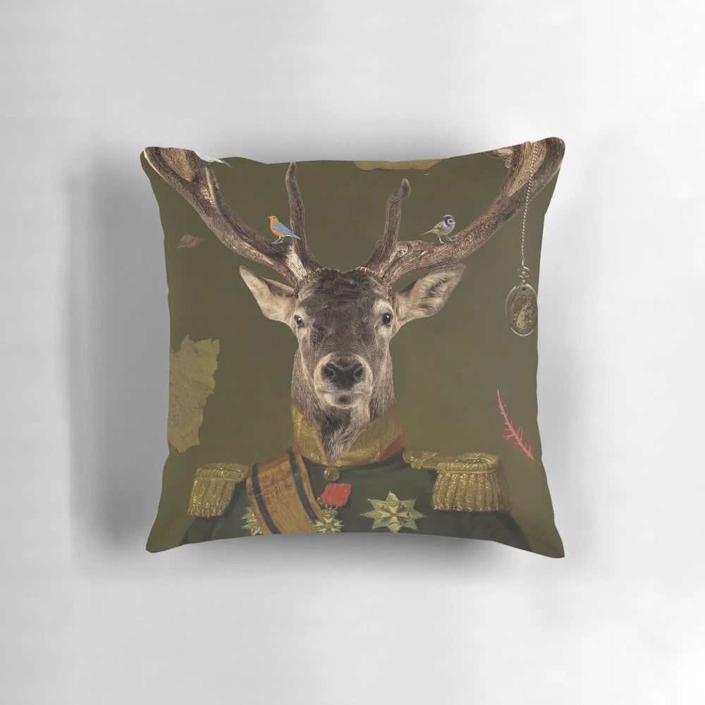 Soft, plush pillow featuring a deer in a lush jungle setting.