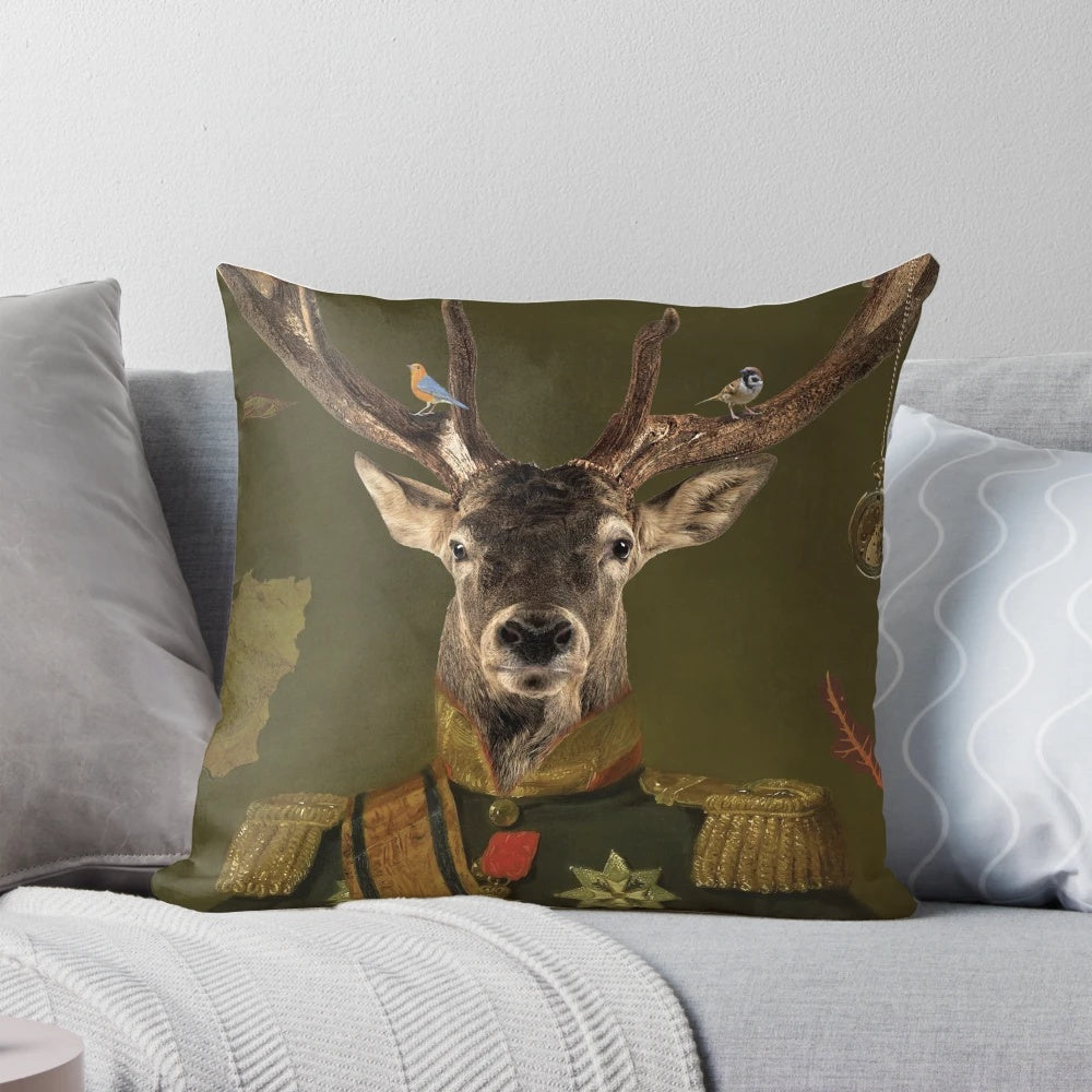 Soft, plush pillow featuring a deer in a lush jungle setting.