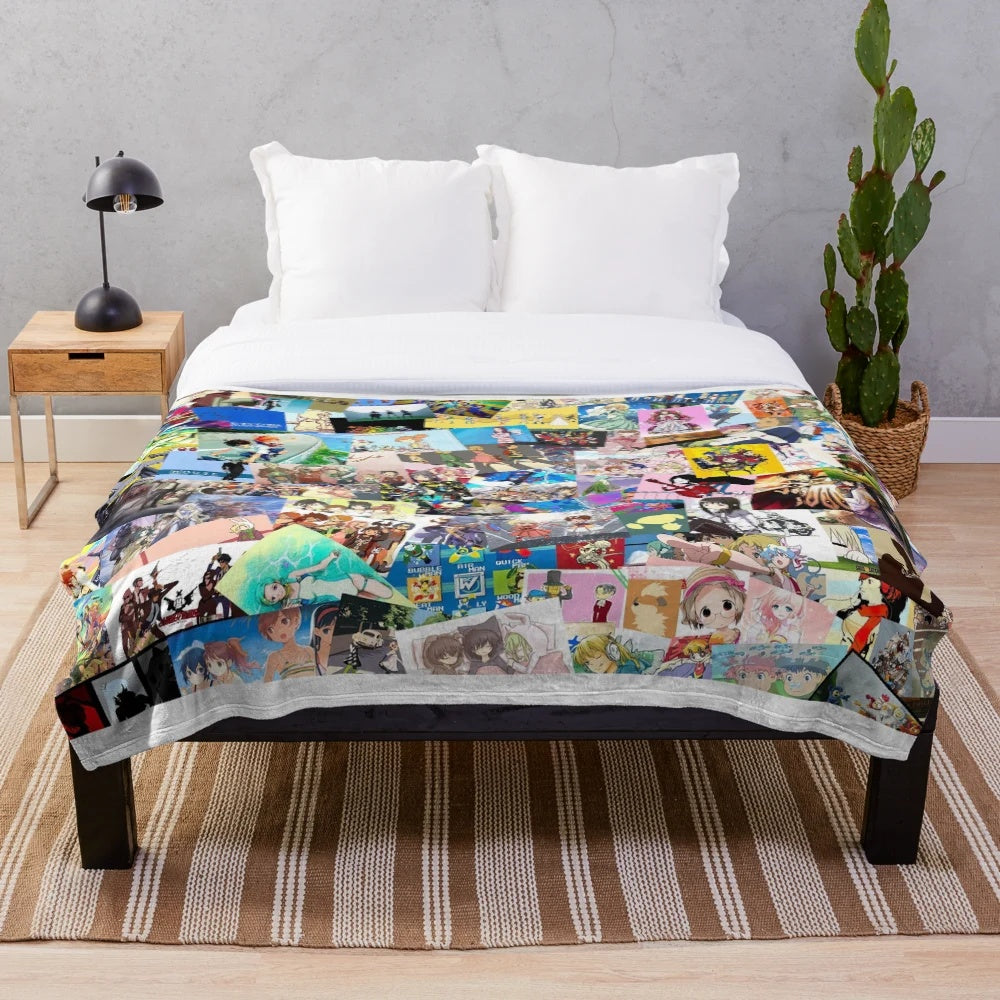 Soft and snuggly plush blanket featuring an anime collage design
