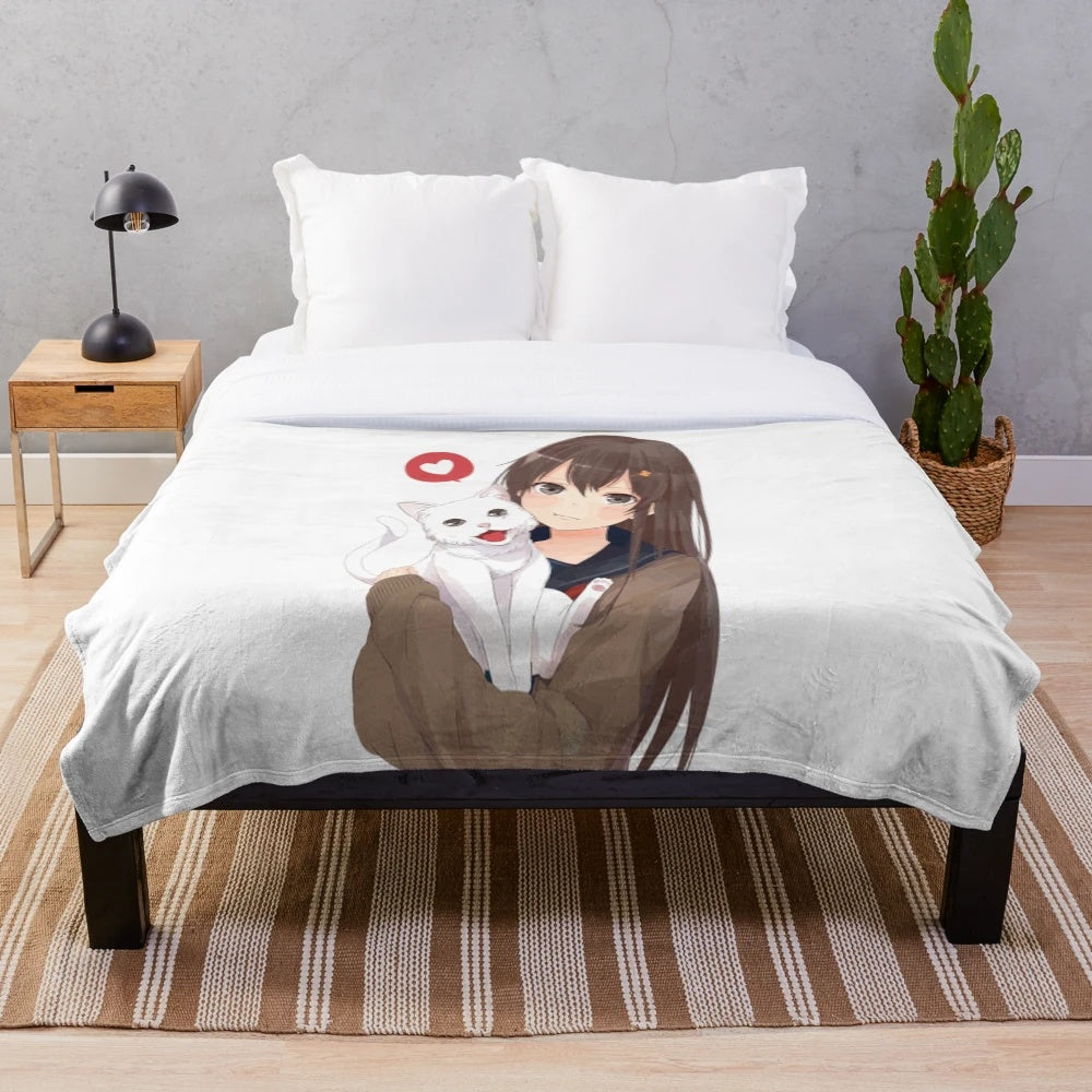 Cute anime girl and kitten cuddling on a soft, plush blanket