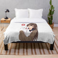 Cute anime girl and kitten cuddling on a soft, plush blanket
