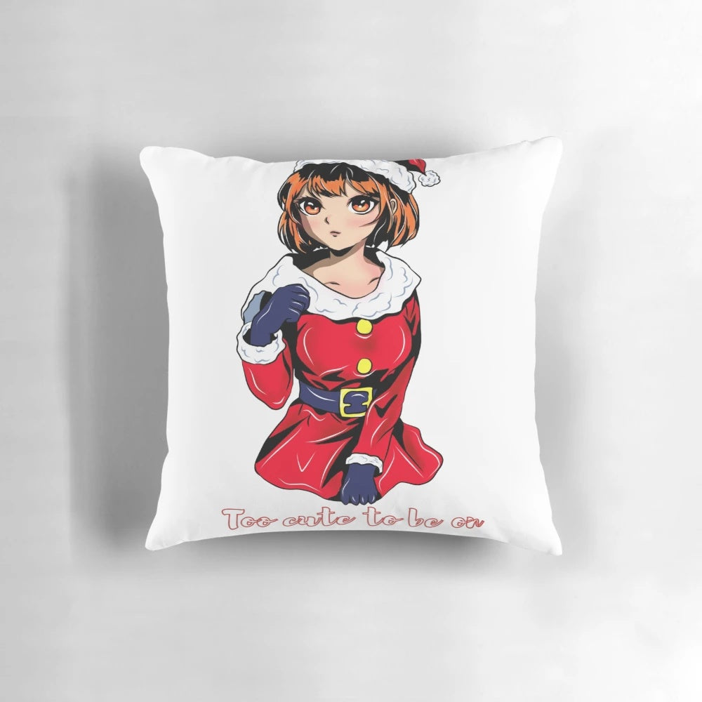 Soft and cuddly anime girl in a festive red and white Santa-inspired outfit printed on a plush pillow.
