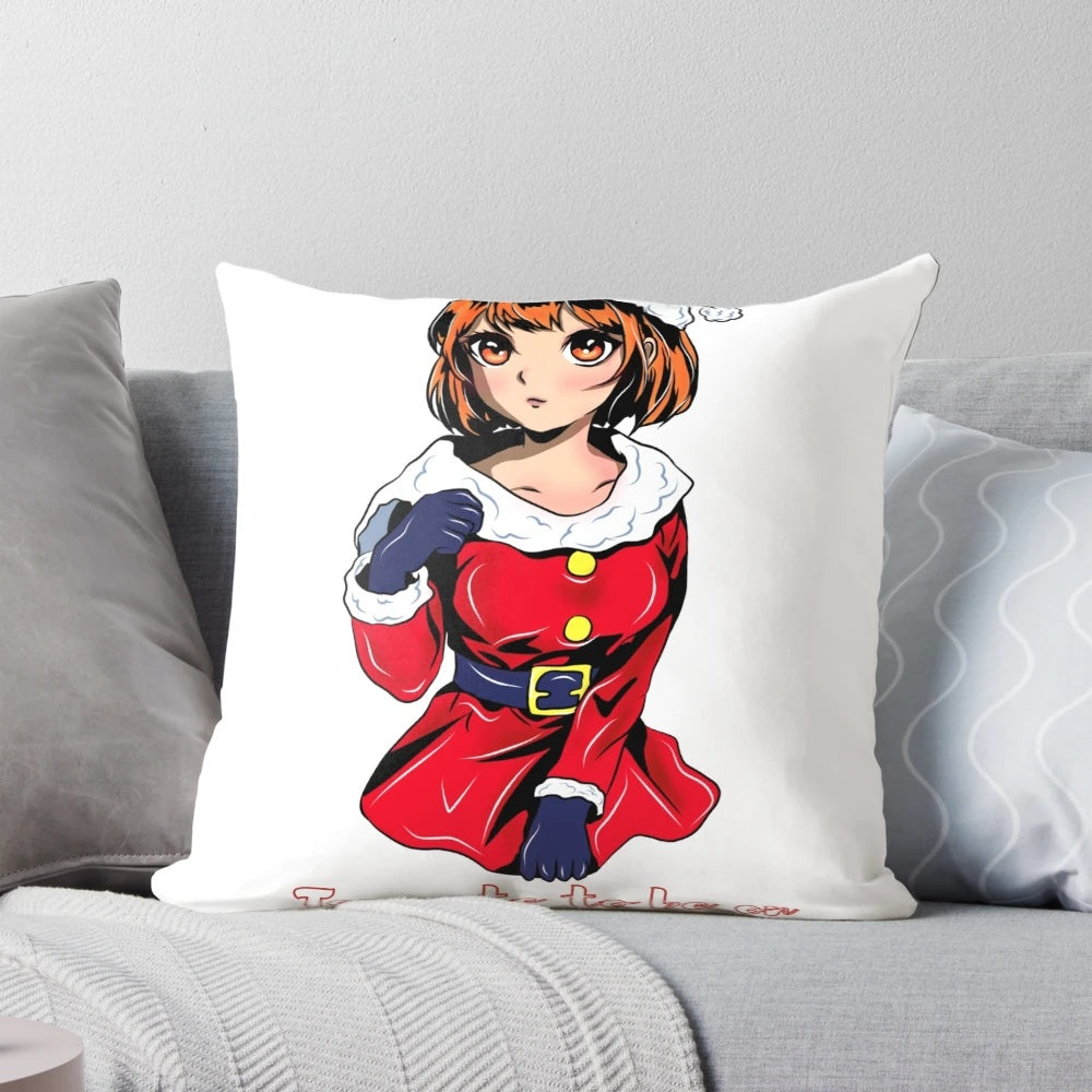 Soft and cuddly anime girl in a festive red and white Santa-inspired outfit printed on a plush pillow.