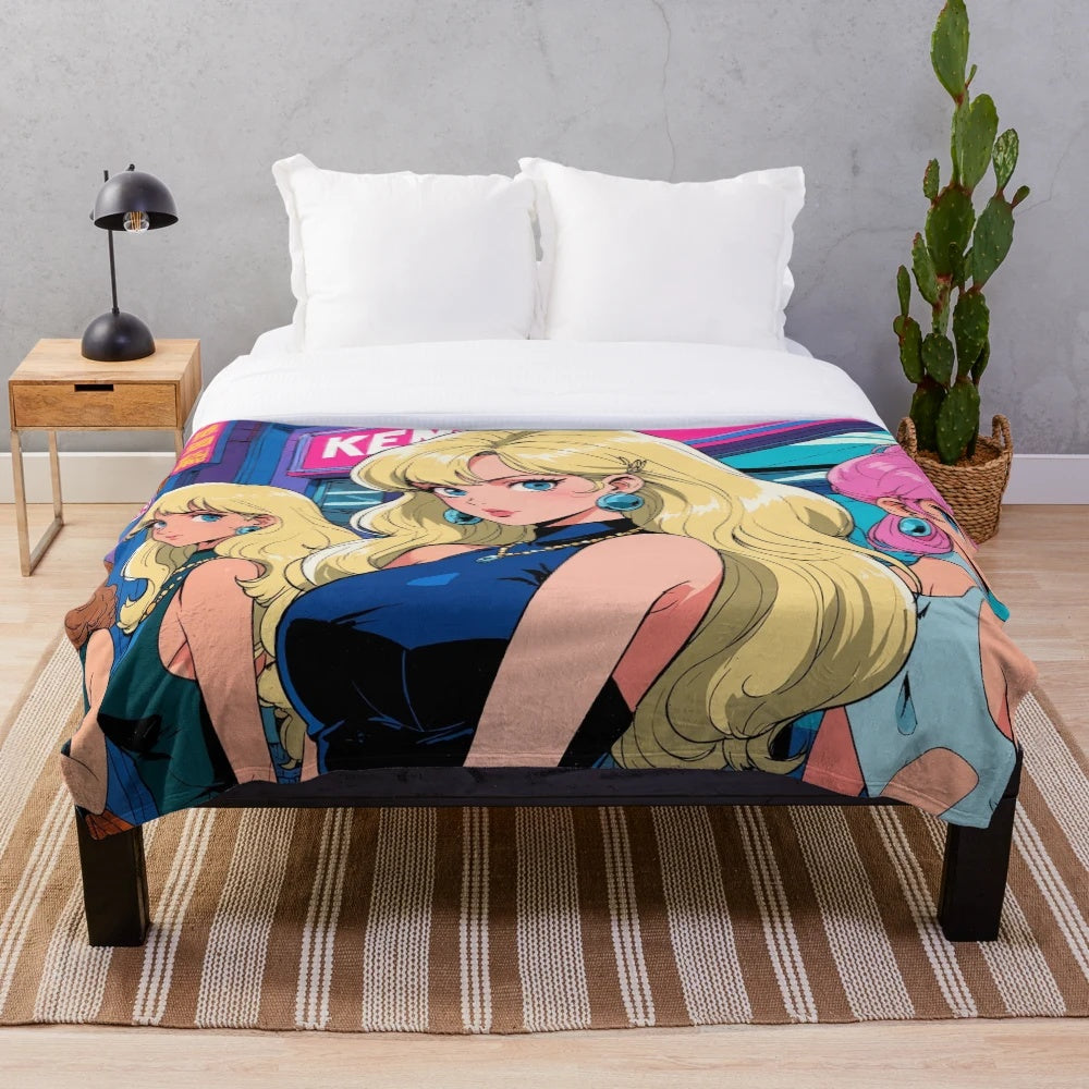 Cozy anime-inspired plush blanket featuring cute anime girls