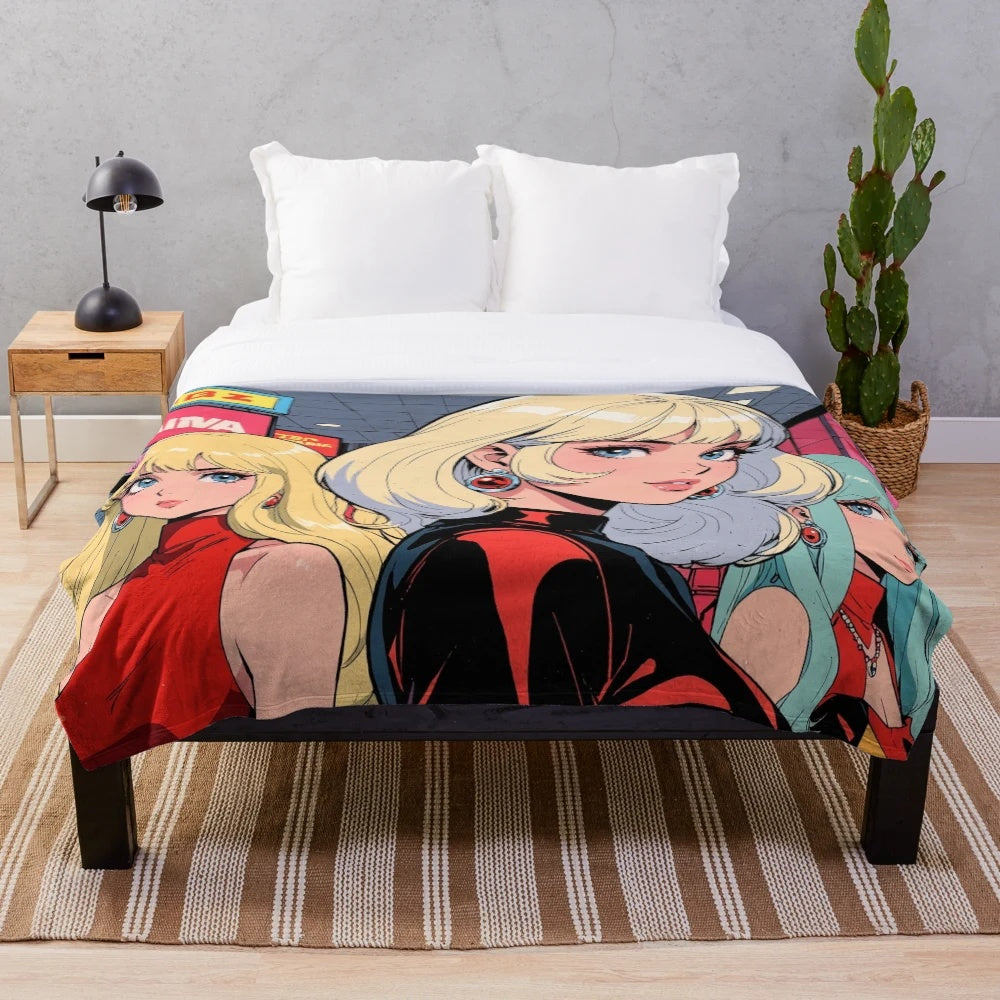 Soft, plush anime girls blanket featuring cute cartoon characters in a cinema setting