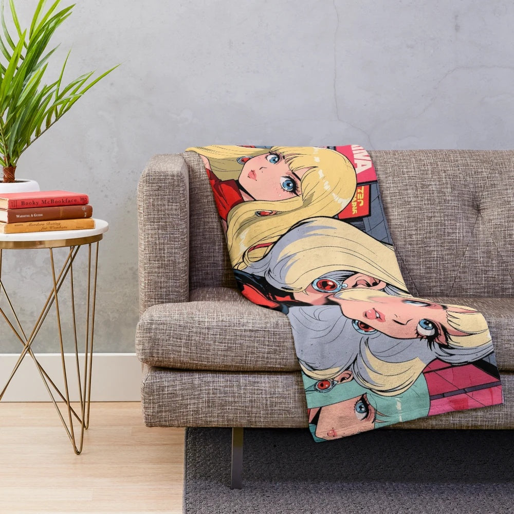 Soft, plush anime girls blanket featuring cute cartoon characters in a cinema setting