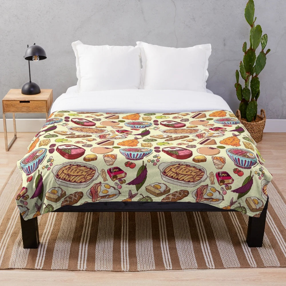 Anime-themed plush blanket with various food items