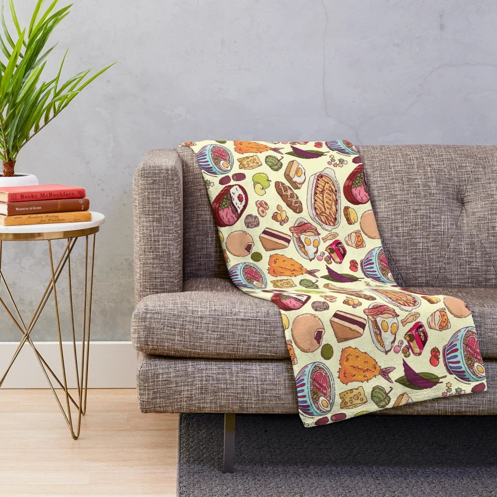 Anime-themed plush blanket with various food items