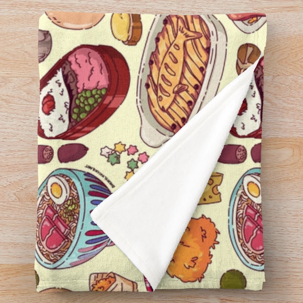 Anime-themed plush blanket with various food items