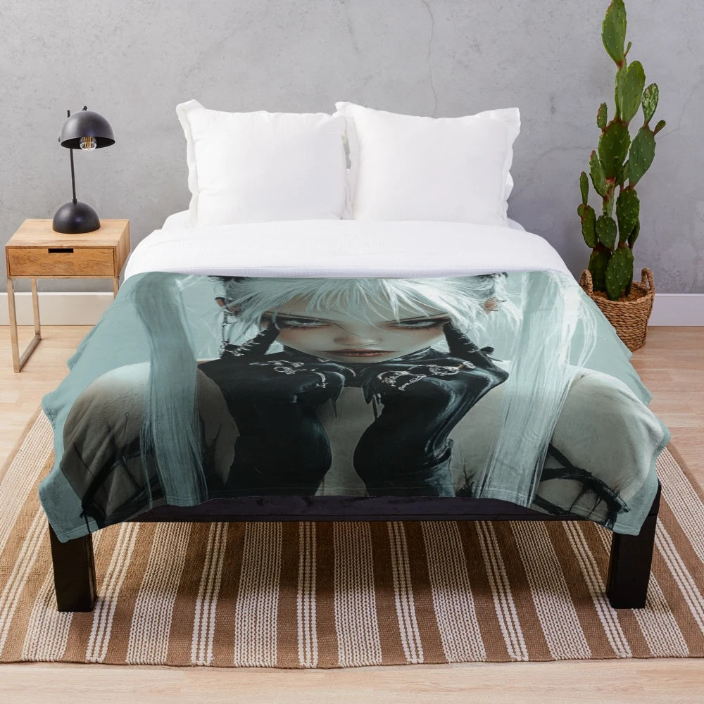 Soft and plush anime-inspired girl blanket in a dark, alternative style
