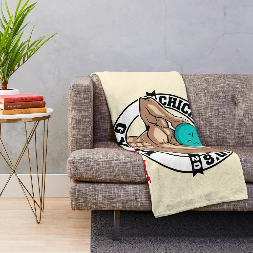 Plush blanket with anime-inspired gym design