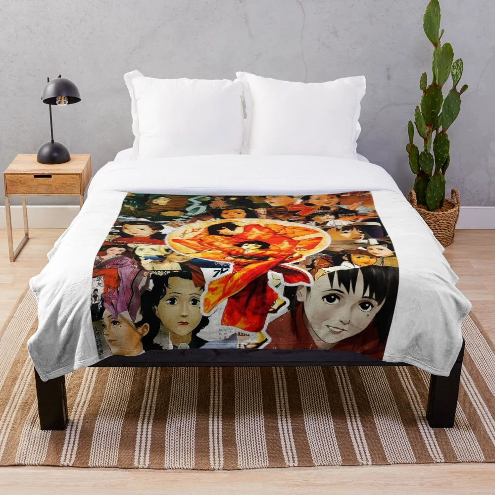 Millennium Actress-themed plush blanket with collage design