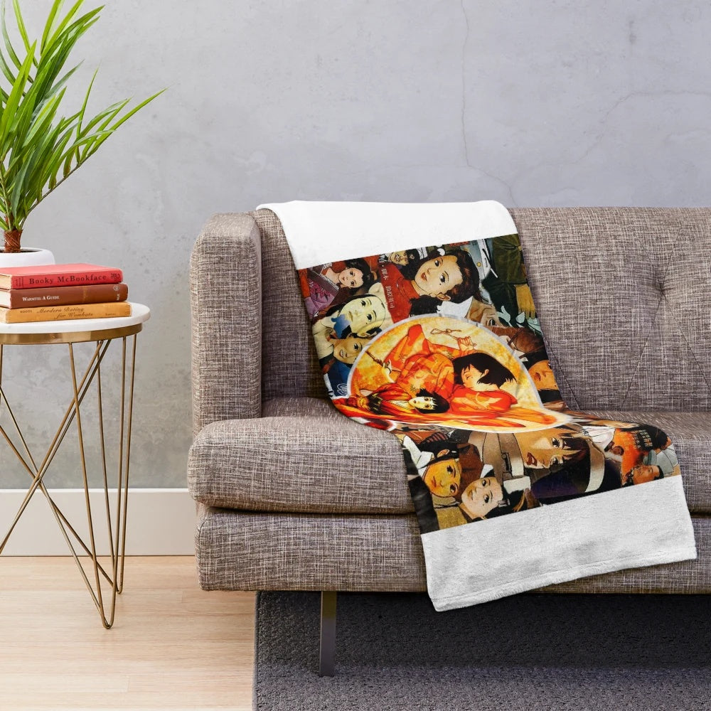 Millennium Actress-themed plush blanket with collage design