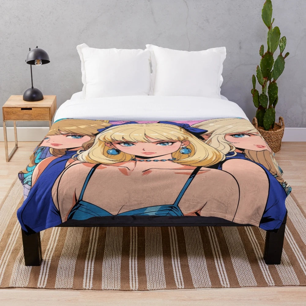 Anime-inspired plush blanket with cartoon girls at the cinema
