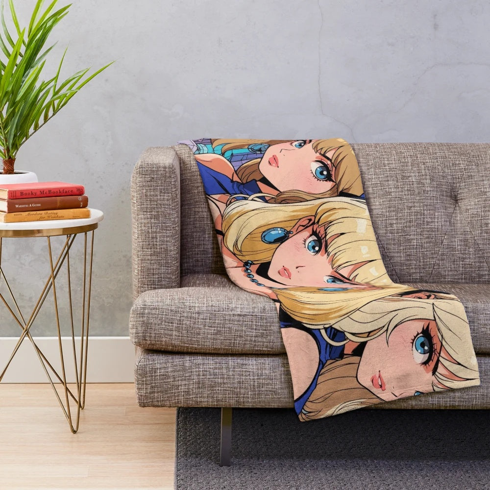 Anime-inspired plush blanket with cartoon girls at the cinema