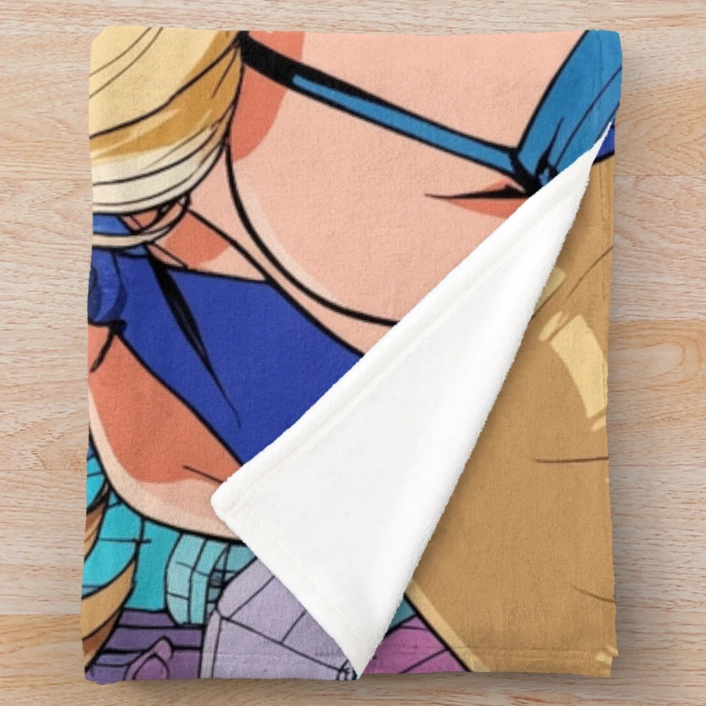 Anime-inspired plush blanket with cartoon girls at the cinema