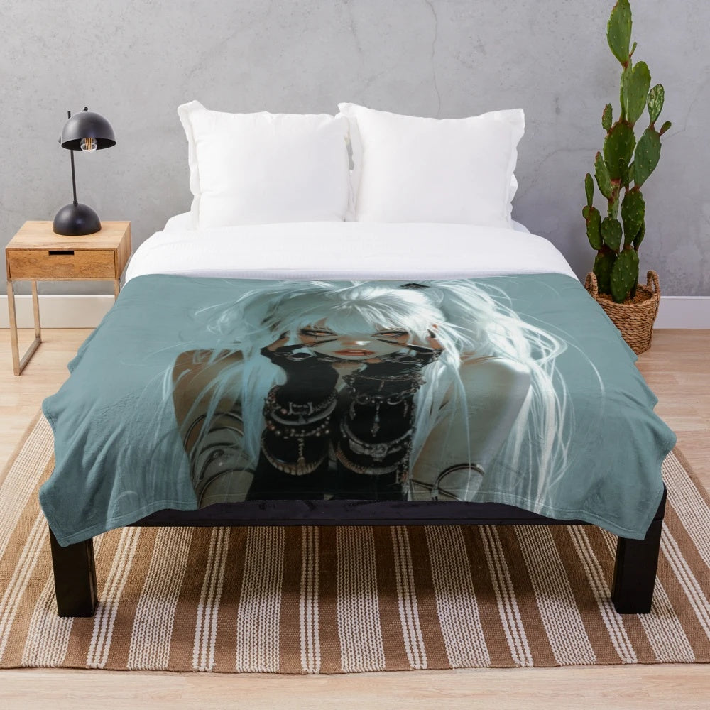 Anime-inspired plush blanket featuring a girl with white hair and alternative style