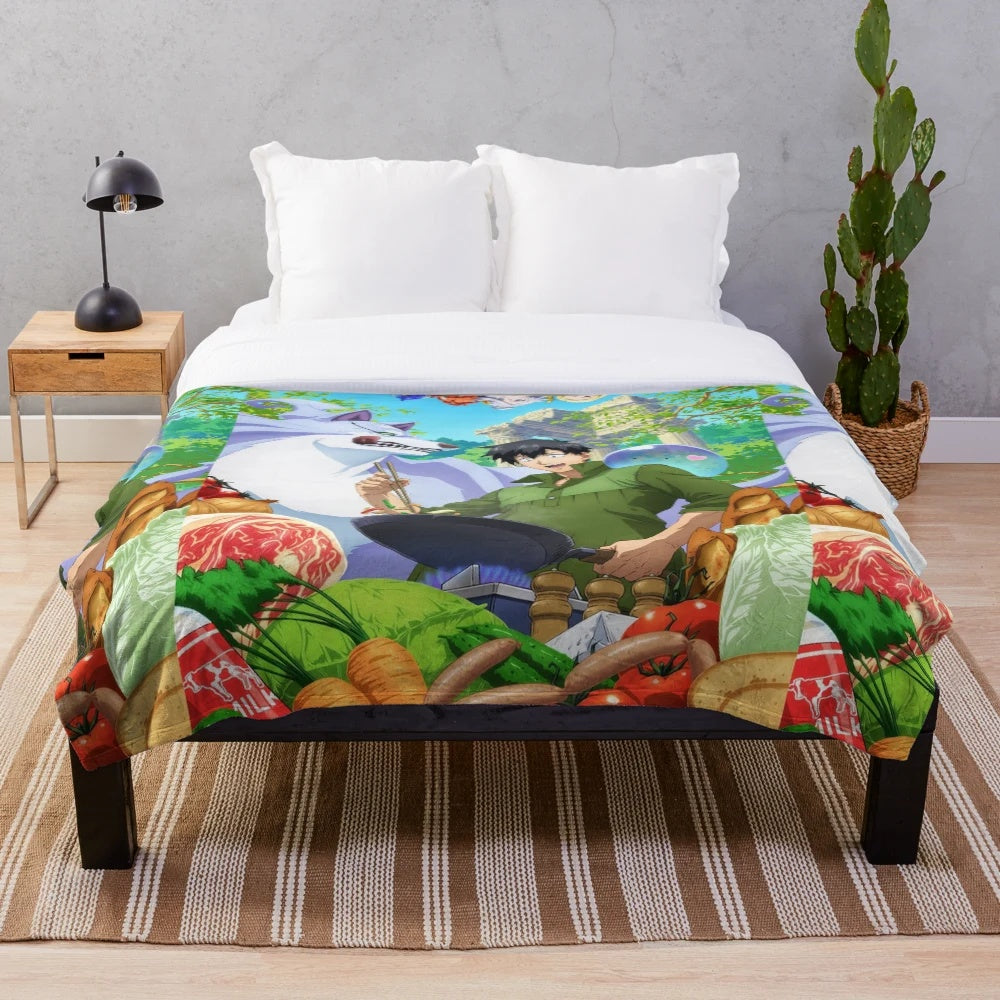 Anime-inspired plush blanket featuring a cozy campfire scene