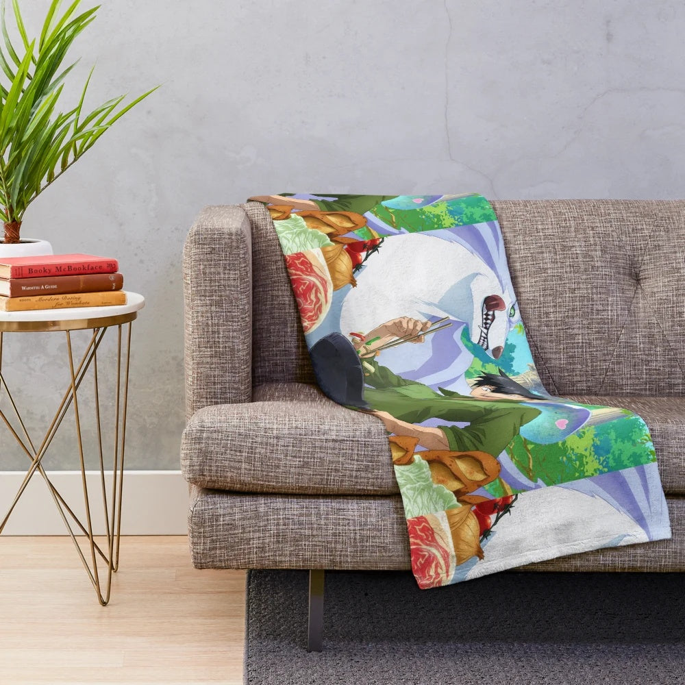 Anime-inspired plush blanket featuring a cozy campfire scene