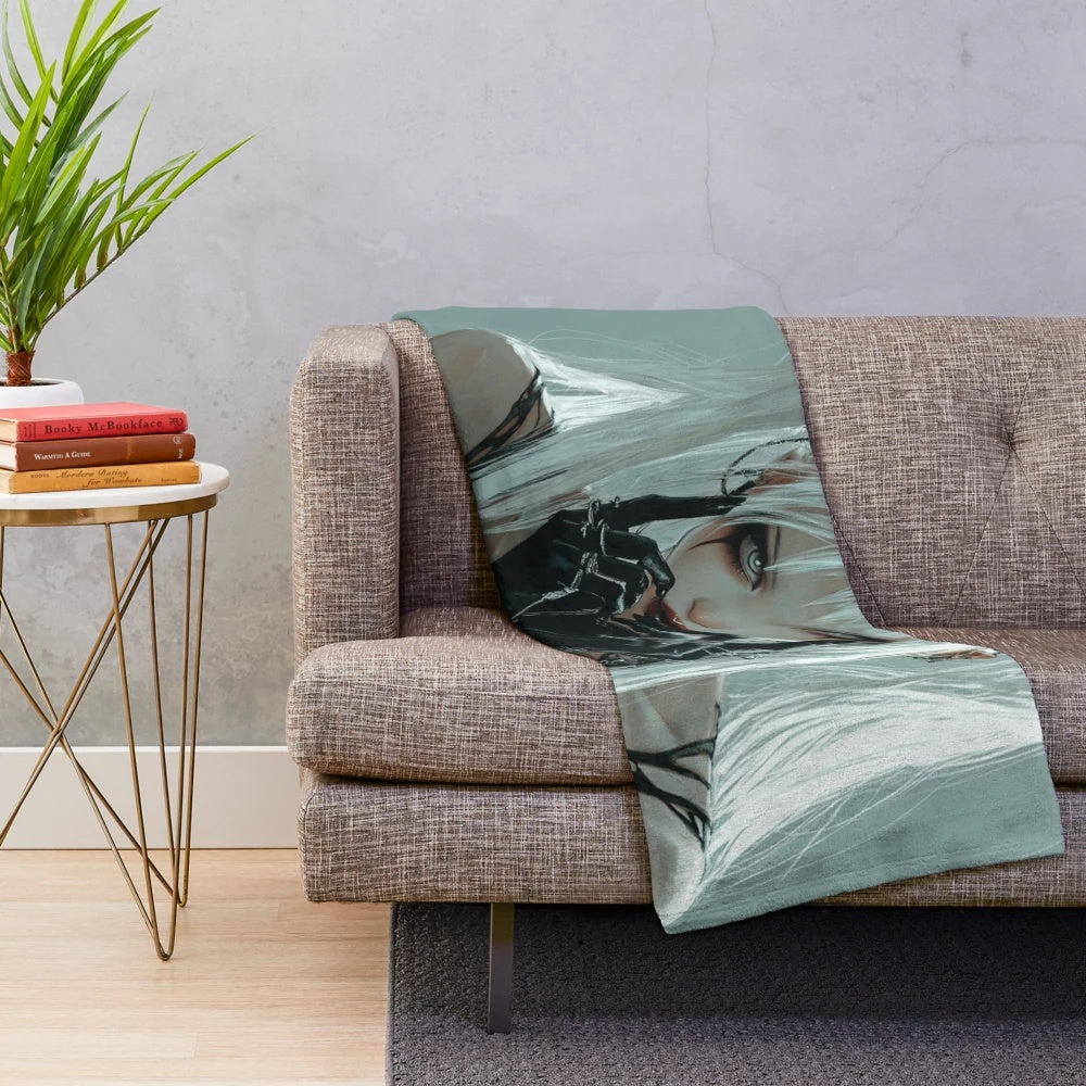 Anime-inspired plush blanket featuring a girl with white hair and a gothic, grunge aesthetic