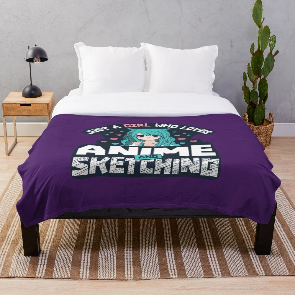 Anime-style plush blanket featuring a girl who loves sketching and drawing