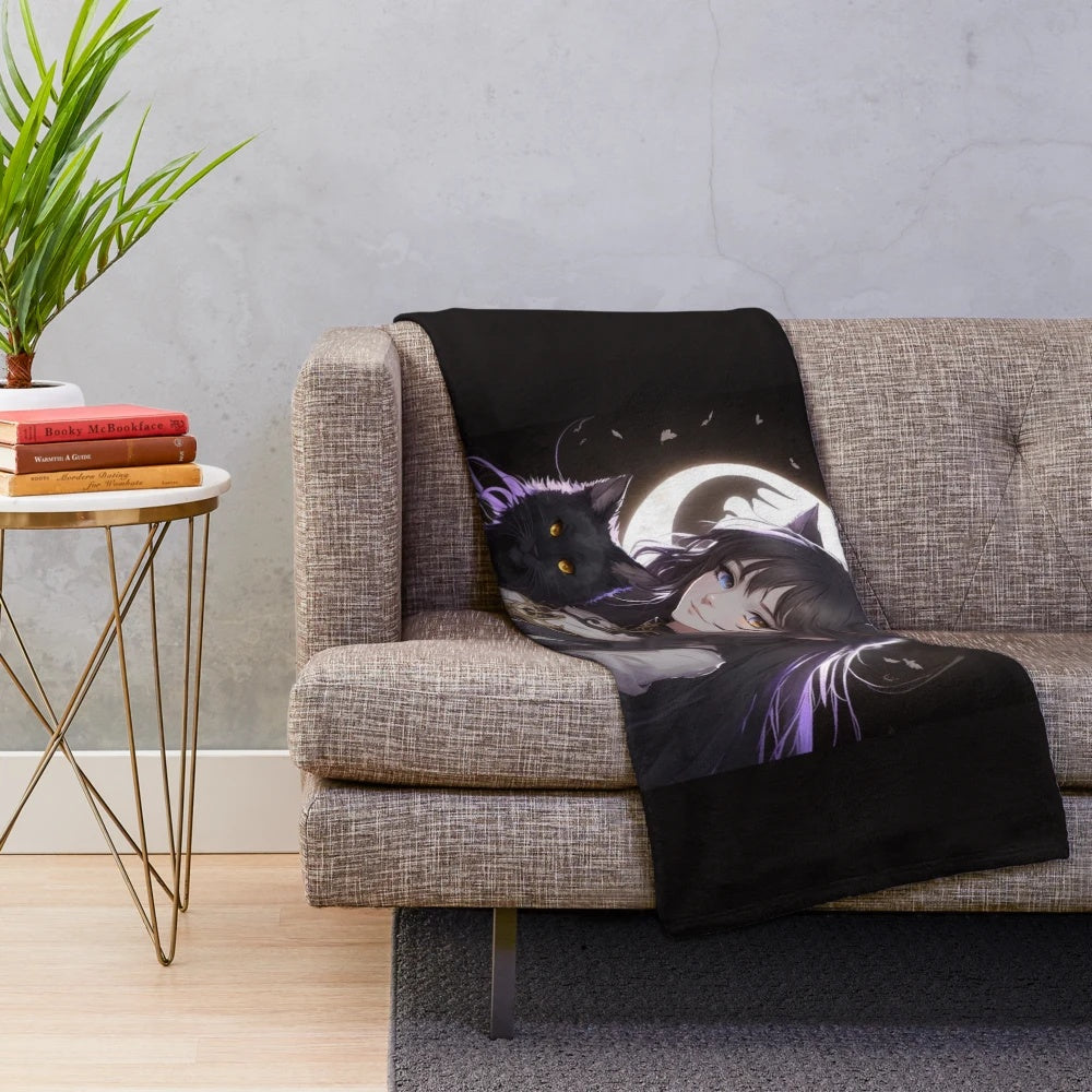 Soft and cuddly anime-style plush blanket featuring a girl with a cute cat