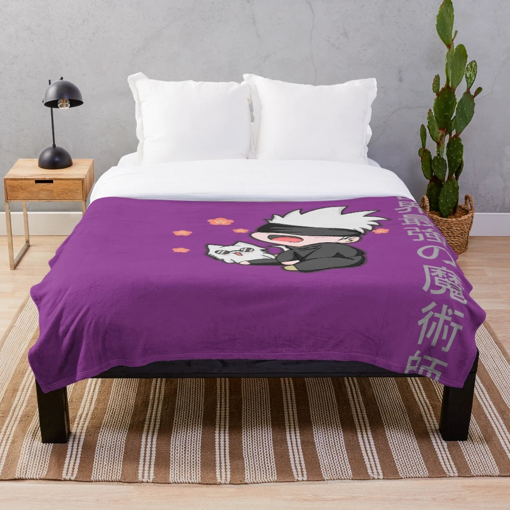 Jujutsu Kaisen inspired plush blanket with chibi designs of Gojo Satoru and Fushiguro Megumi