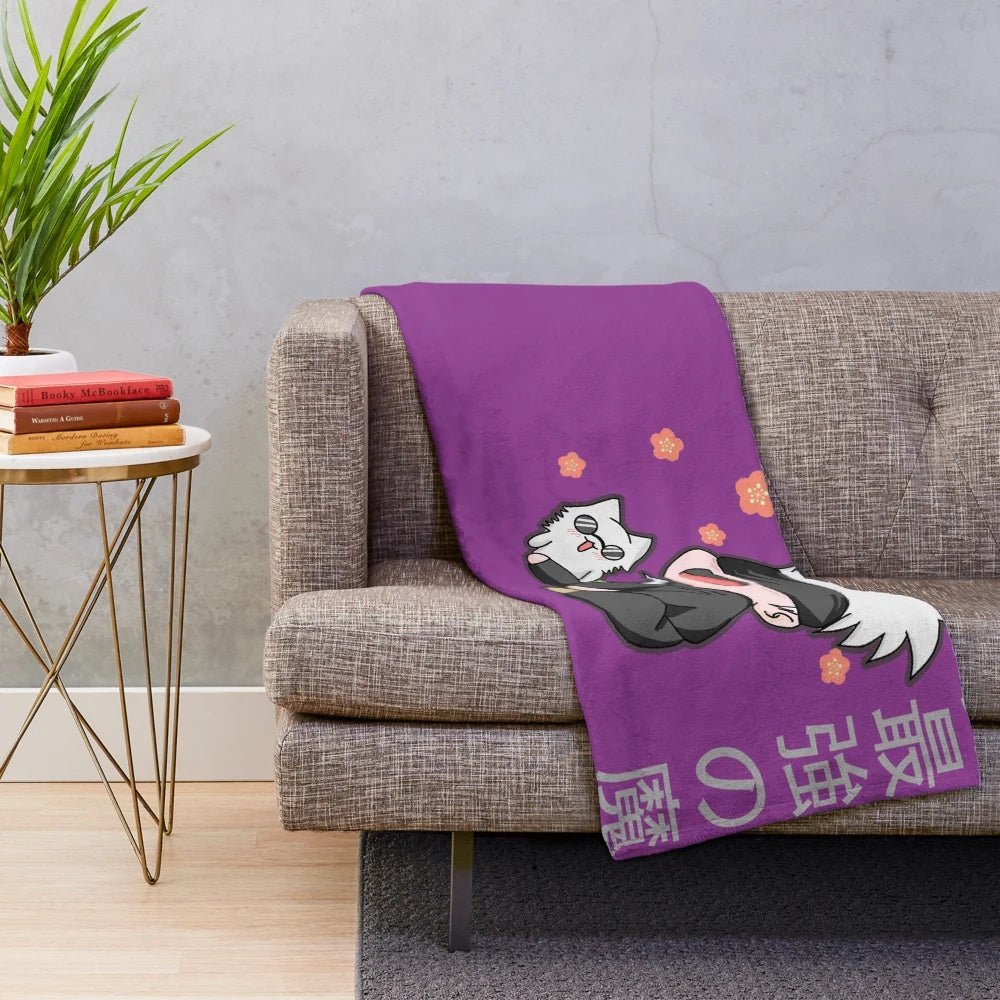 Jujutsu Kaisen inspired plush blanket with chibi designs of Gojo Satoru and Fushiguro Megumi