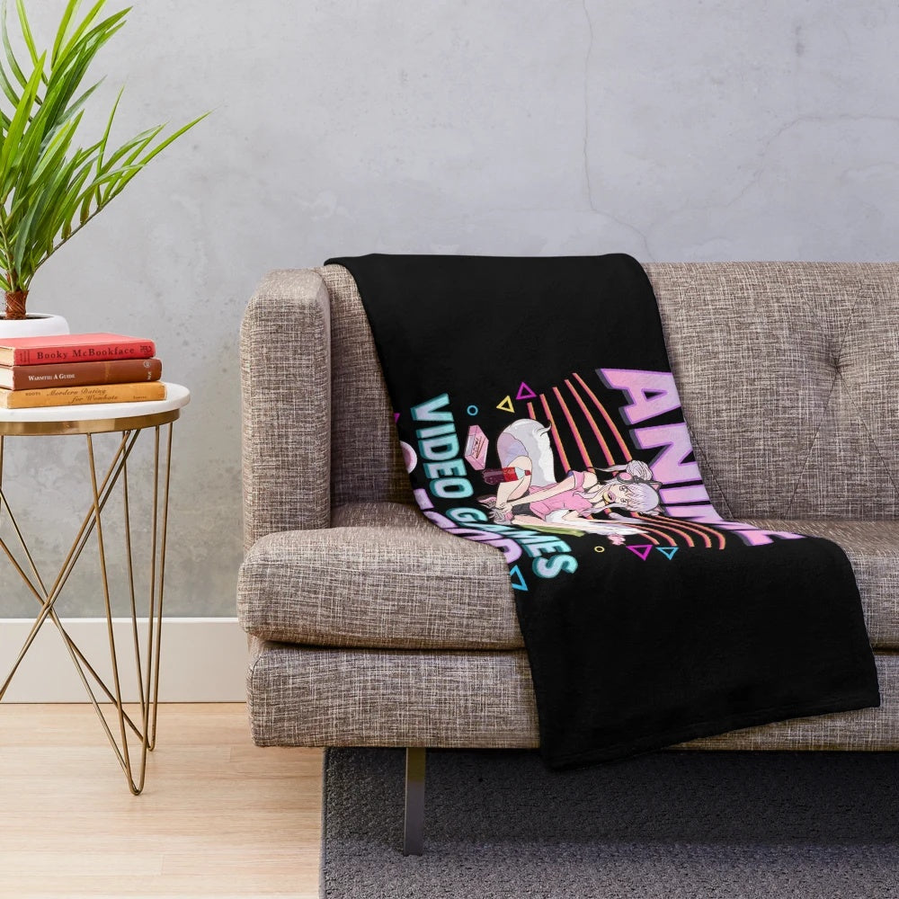 Cute anime-inspired plush blanket with a kawaii gamer girl design