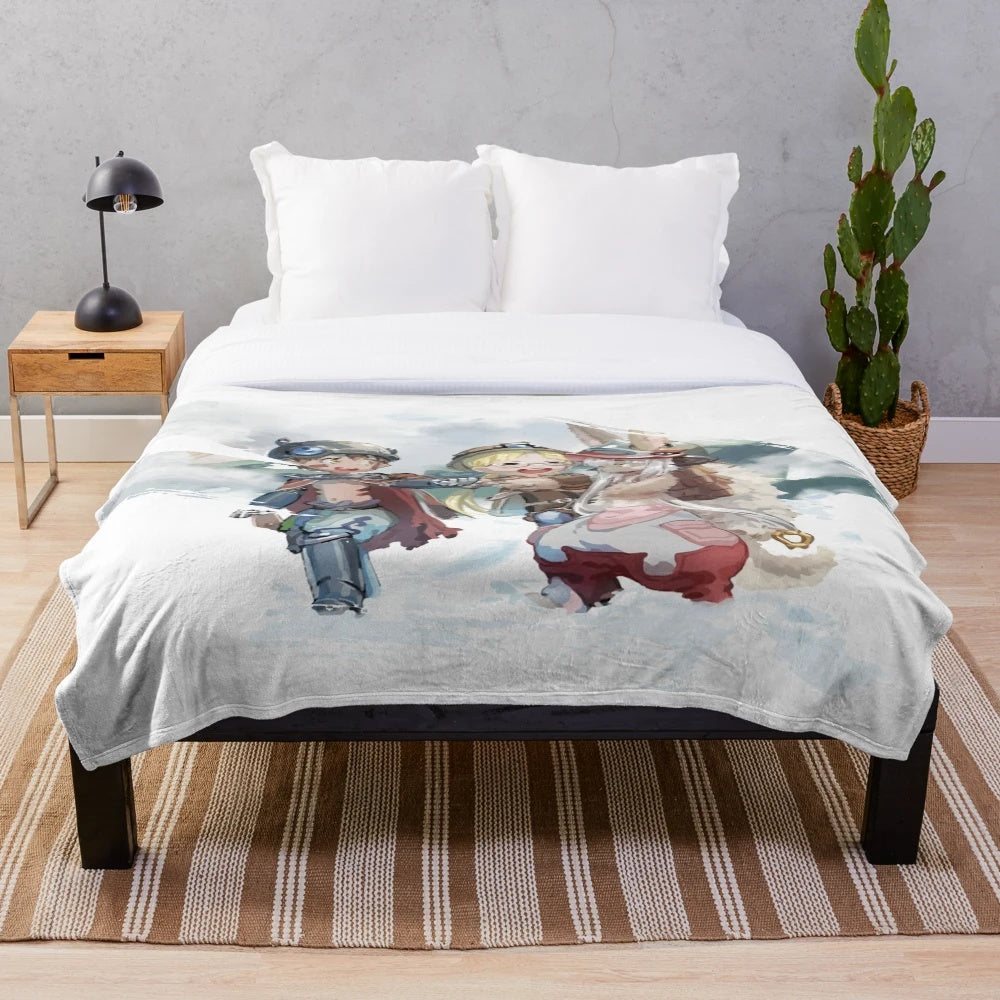 Made in Abyss-inspired plush blanket featuring characters Nanachi, Reg, and Riko