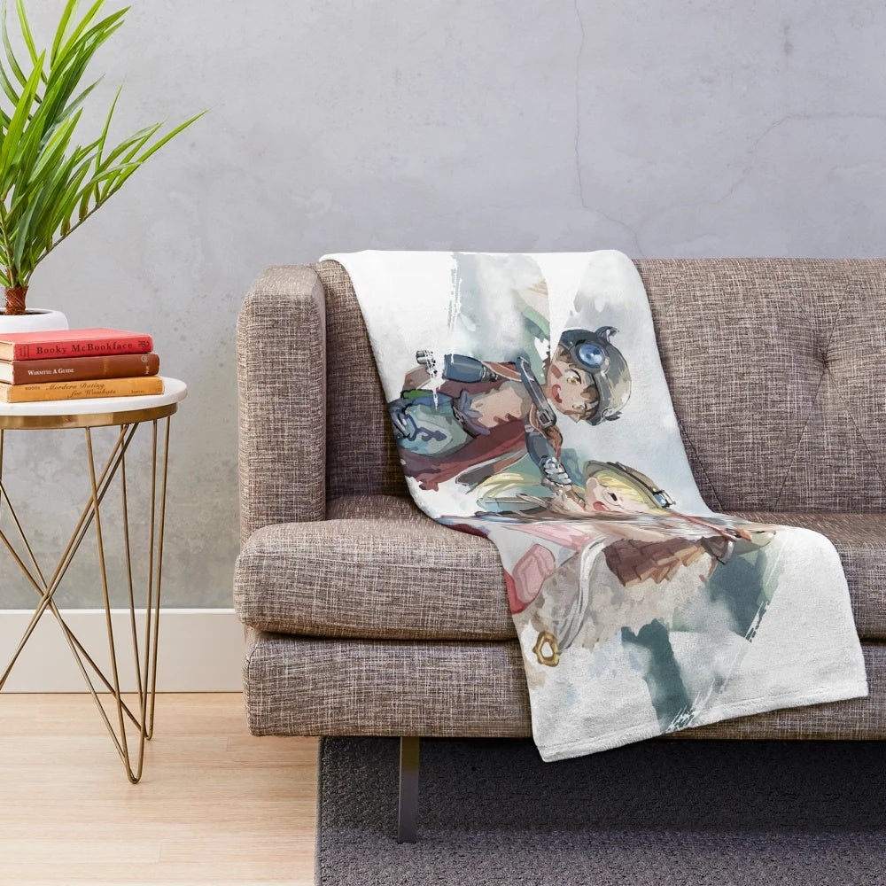 Made in Abyss-inspired plush blanket featuring characters Nanachi, Reg, and Riko