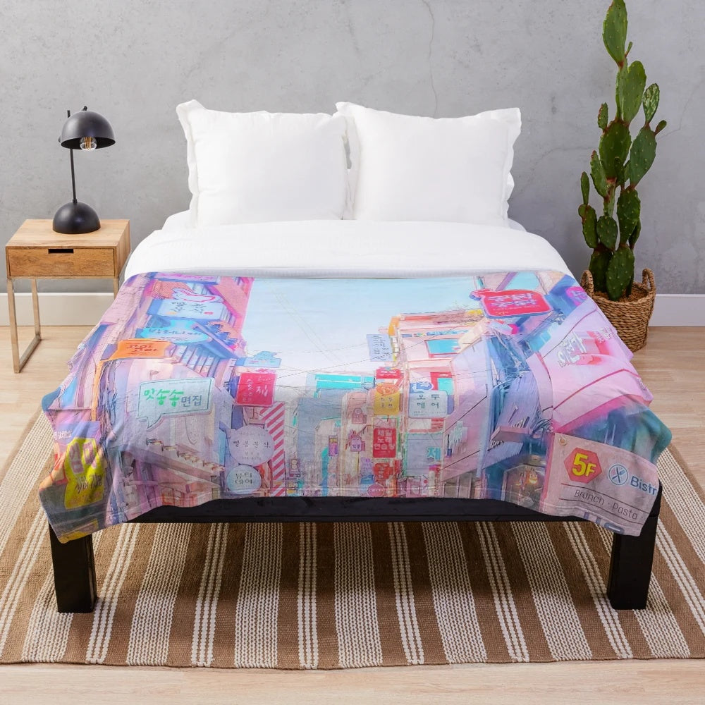 Anime-themed plush blanket with vaporwave aesthetic and soft, cozy design