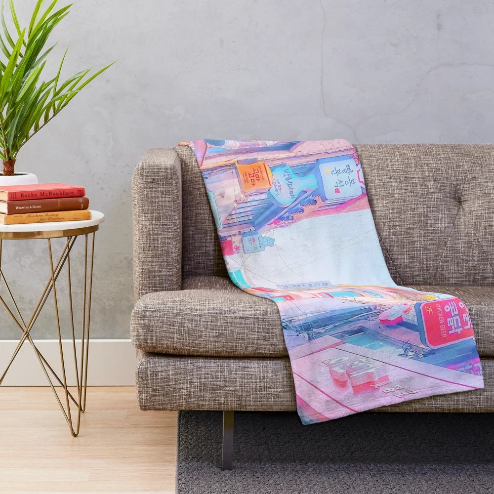 Anime-themed plush blanket with vaporwave aesthetic and soft, cozy design