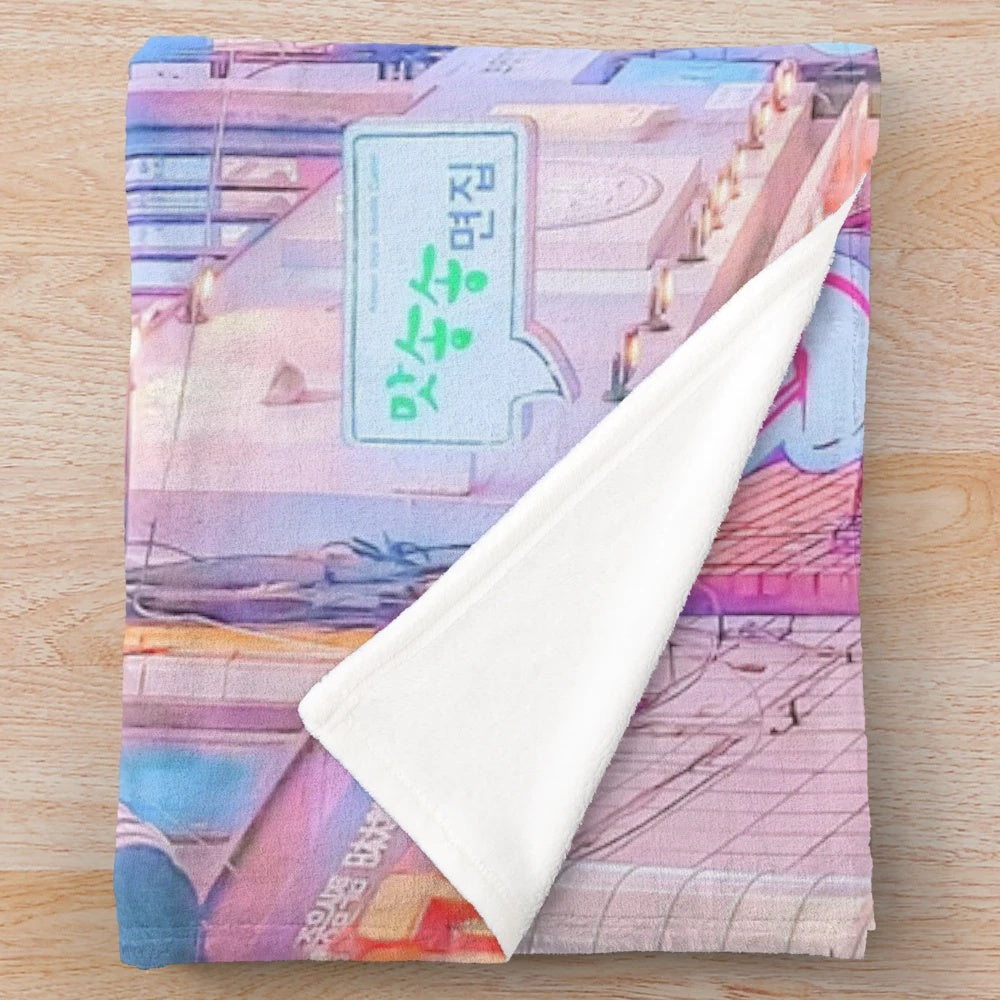 Anime-themed plush blanket with vaporwave aesthetic and soft, cozy design