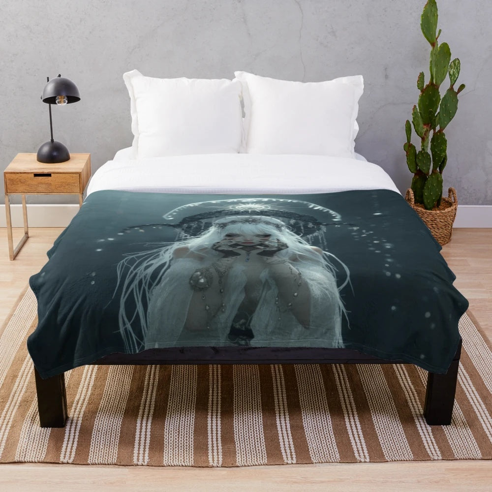 White-haired anime girl design on a plush, cozy blanket